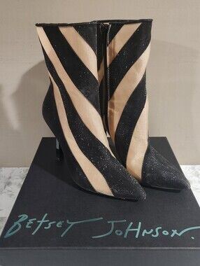 Betsy Johnson heeled Ankle Boots black and beige stripe glitter y2k size